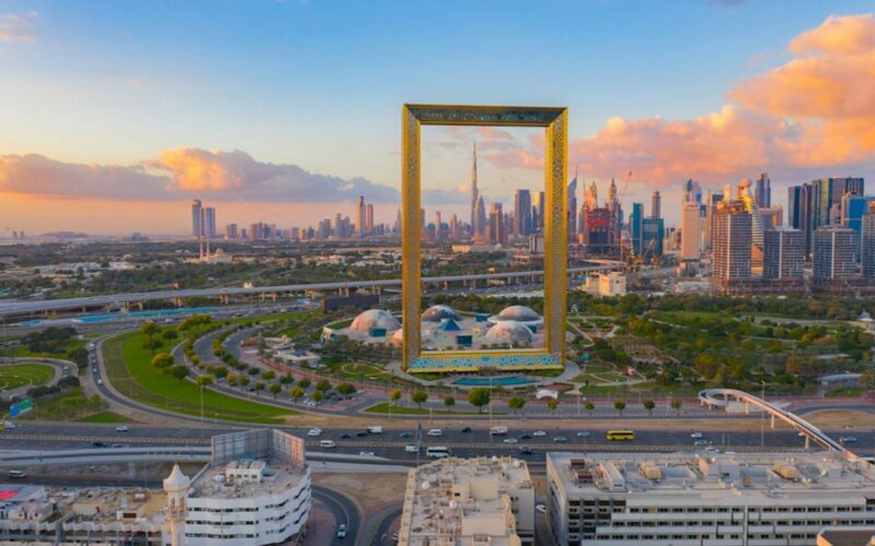 The golden Dubai Frame, a 150-metre picture frame structure in Zabeel Park