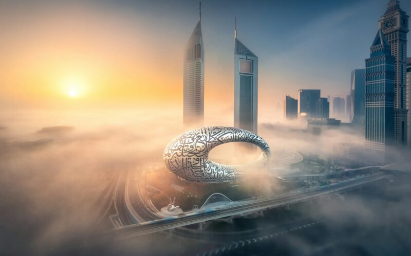 Museum of the Future in Dubai: the silver ring-shaped building with Arabic calligraphy along Sheikh Zayed Road