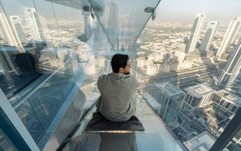Sky Views Observatory with the glass slide on the Address Sky View tower in Downtown Dubai