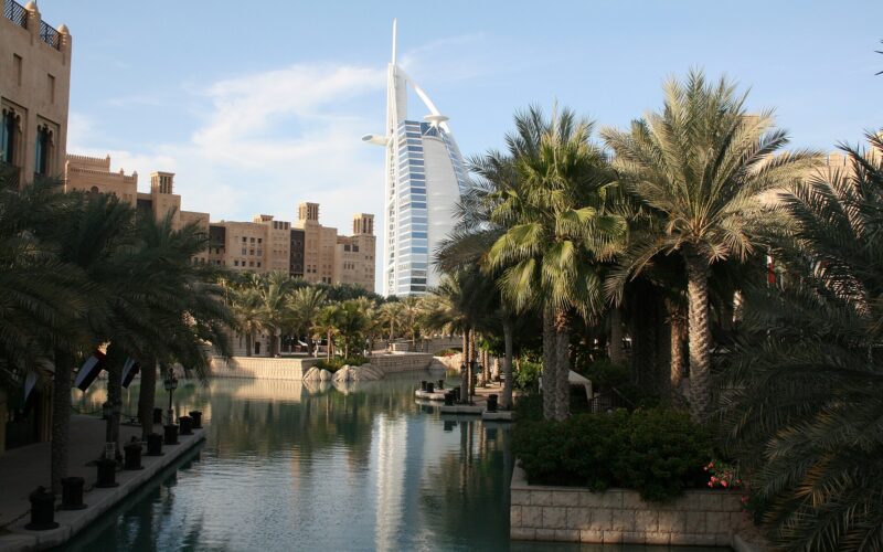 Waterways of Souk Madinat Jumeirah with the Burj Al Arab in the background